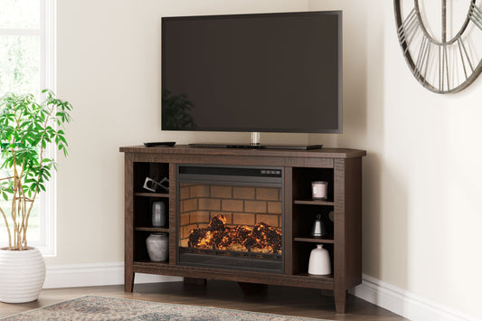 Camiburg - Warm Brown - Corner TV Stand With Faux Firebrick Fireplace Insert