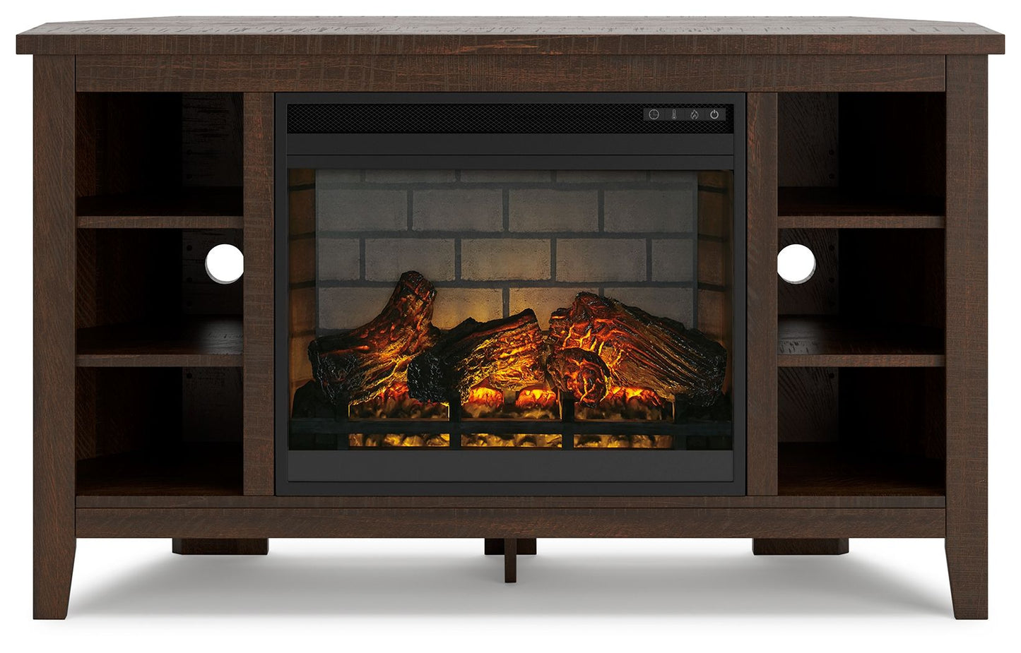 Camiburg - Warm Brown - Corner TV Stand With Faux Firebrick Fireplace Insert