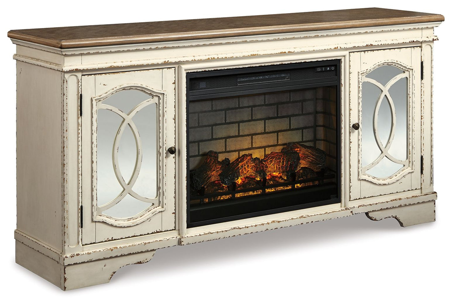 Realyn - Chipped White - 2 Pc. - 74" TV Stand With Electric Infrared Fireplace Insert