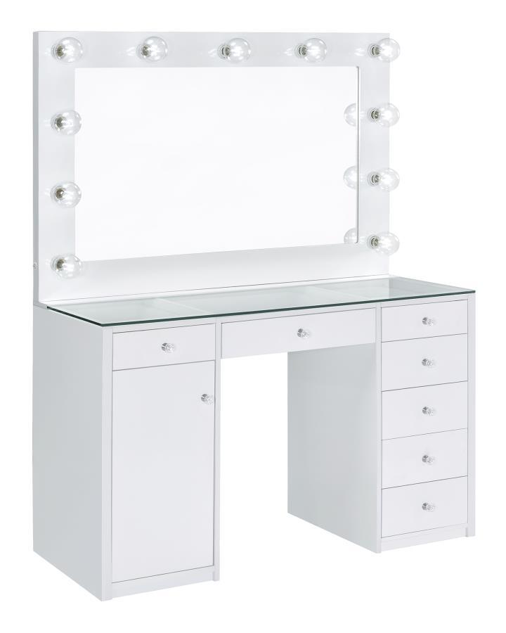 Acena - 7-Drawer Glass Top Vanity Desk With Lighting - White