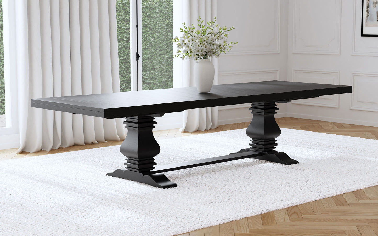 Florence - Rectangular Pedestal Dining Table With Planked Wood Top - Antique Black