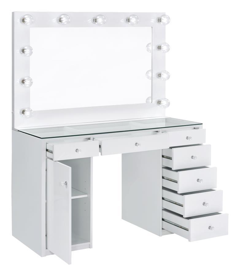 Acena - 7-Drawer Glass Top Vanity Desk With Lighting - White